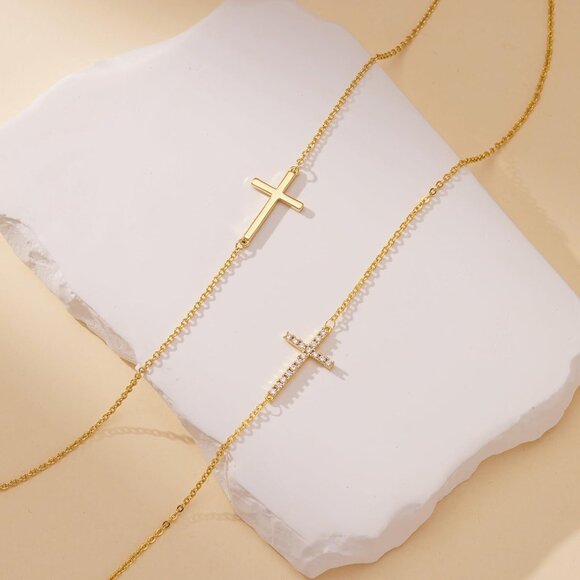 05 Sideway Cross Necklaces Women's Plated Dainty Silver Small Cross Pendant - Picture 6 of 9